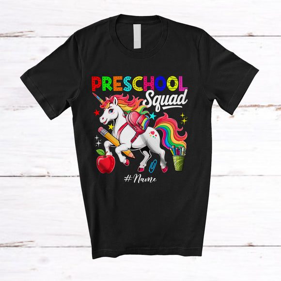 MacnyStore - Personalized Custom Name Preschool Squad; Lovely First Day Of School Student Teacher Unicorn T-Shirt