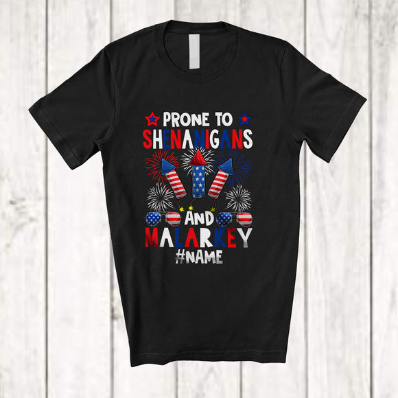 MacnyStore - Personalized Custom Name Prone To Shenanigans; Cheerful 4th Of July Firecracker Fireworks T-Shirt