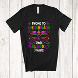 MacnyStore - Personalized Custom Name Prone To Shenanigans; Cheerful Mardi Gras Mask Beads; Parades T-Shirt