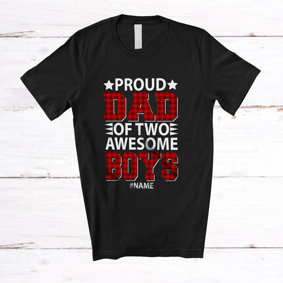 MacnyStore - Personalized Custom Name Proud Dad Of Two Awesome Boys; Lovely Father's Day Daddy Red Plaid T-Shirt