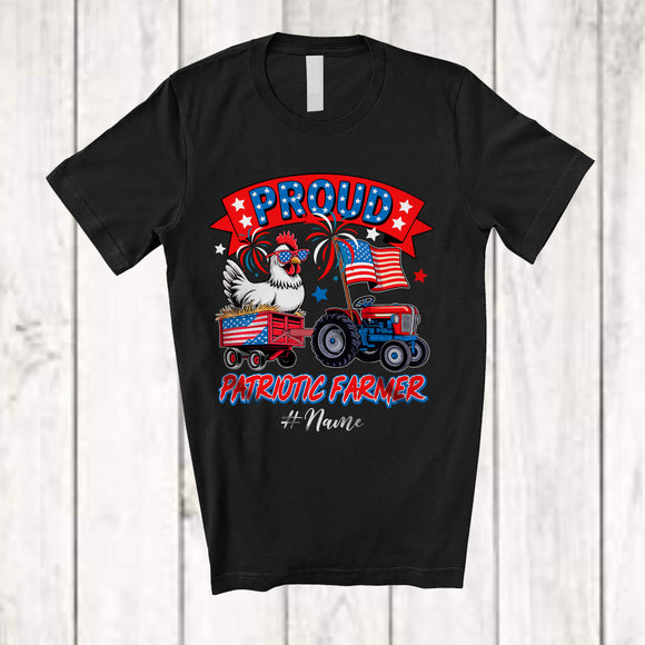 MacnyStore - Personalized Custom Name Proud Patriotic; Lovely 4th Of July Chicken On Tractor; Farmer Farm T-Shirt