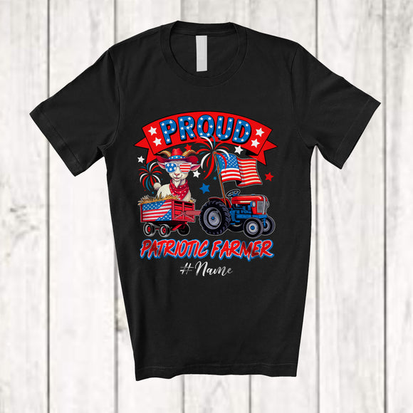 MacnyStore - Personalized Custom Name Proud Patriotic; Lovely 4th Of July Goat On Tractor; Farmer Farm T-Shirt