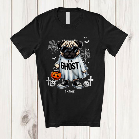 MacnyStore - Personalized Custom Name Pug Boo Ghost Cosplay; Lovely Halloween Pug Sunglasses; Family T-Shirt