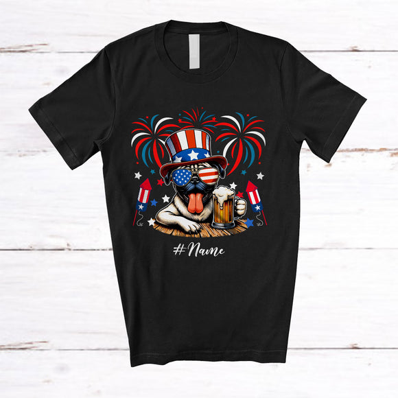 MacnyStore - Personalized Custom Name Pug Drinking Beer; Amusing 4th Of July Fireworks Patriotic T-Shirt