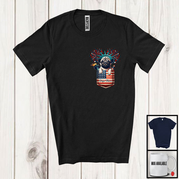 MacnyStore - Personalized Custom Name Pug in Pocket, Lovely 4th Of July American Flag, Patriotic T-Shirt