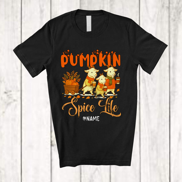 MacnyStore - Personalized Custom Name Pumpkin Spice Life; Humorous Thanksgiving Goat Fall Leaf; Farm Farmer T-Shirt