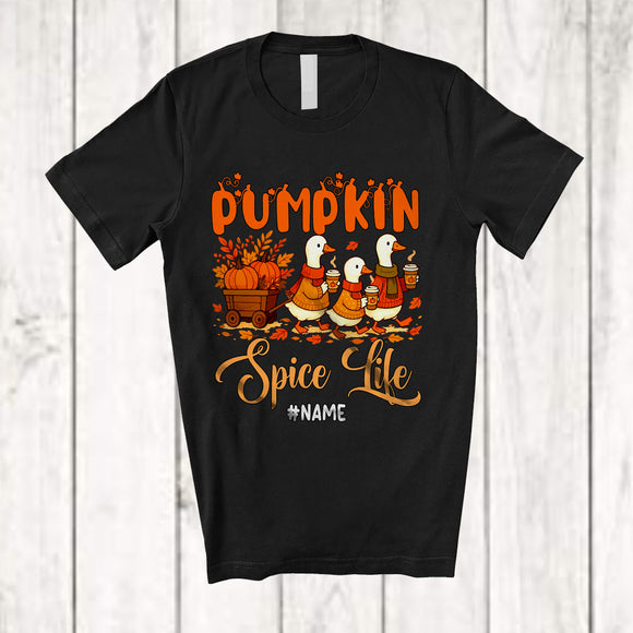 MacnyStore - Personalized Custom Name Pumpkin Spice Life; Humorous Thanksgiving Goose Fall Leaf; Farm Farmer T-Shirt
