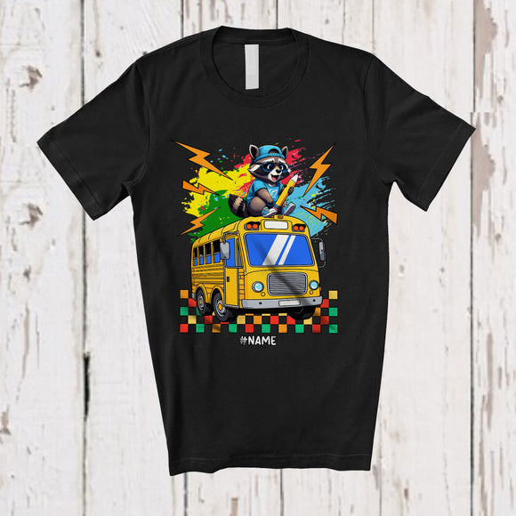 MacnyStore - Personalized Custom Name Raccoon On School Bus; Amusing Back To School Bus Driver Teacher T-Shirt