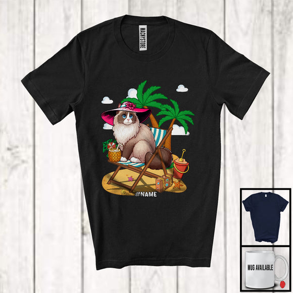 MacnyStore - Personalized Custom Name Ragdoll On Beach, Lovely Summer Vacation Kitten Palm Tree T-Shirt