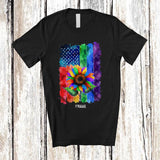 MacnyStore - Personalized Custom Name Rainbow American Flag Sunflower; Colorful LGBTQ 4th of July Patriotic T-Shirt