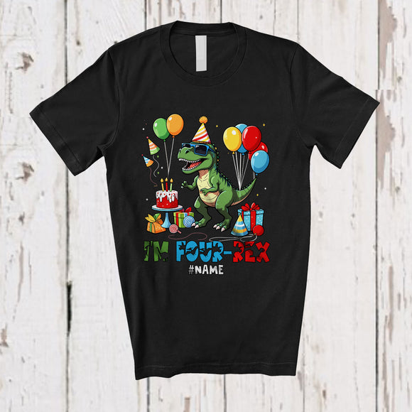 MacnyStore - Personalized Custom Name Rawr I'm Four-Rex; Amusing 4th Birthday Party Dinosaur T-Rex T-Shirt