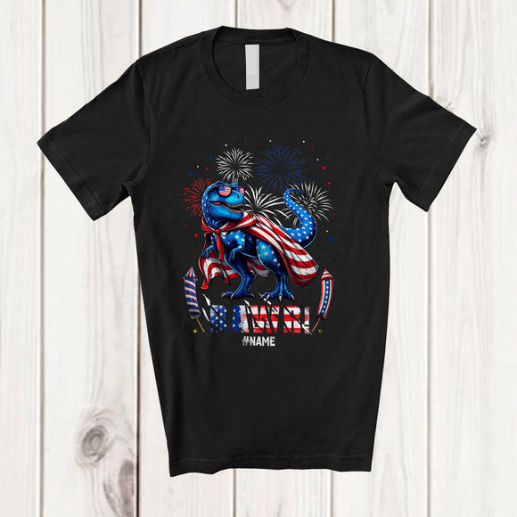 MacnyStore - Personalized Custom Name Rawr; Humorous 4th Of July American Flag T-Rex Fireworks; Patriotic T-Shirt