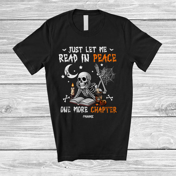 MacnyStore - Personalized Custom Name Read In Peace; Scary Halloween Skeleton Reading Book Nerd Librarian T-Shirt