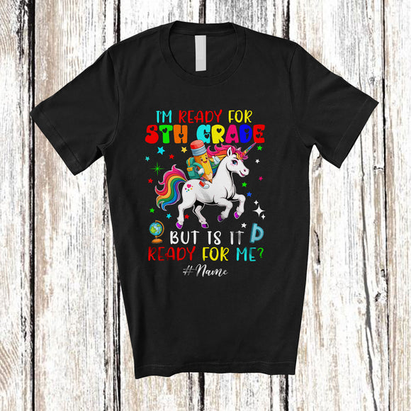 MacnyStore - Personalized Custom Name Ready For 5th Grade; Amusing First Day Of School Pencil Riding Unicorn T-Shirt