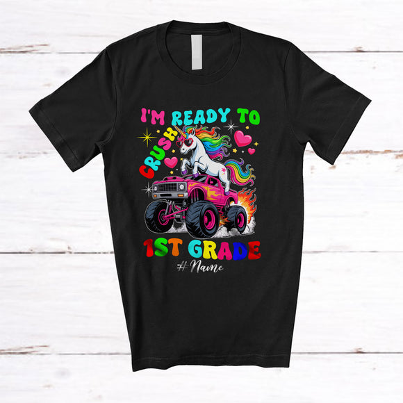 MacnyStore - Personalized Custom Name Ready To Crush 1st Grade; Joyful Back To School Unicorn On Monster Truck T-Shirt