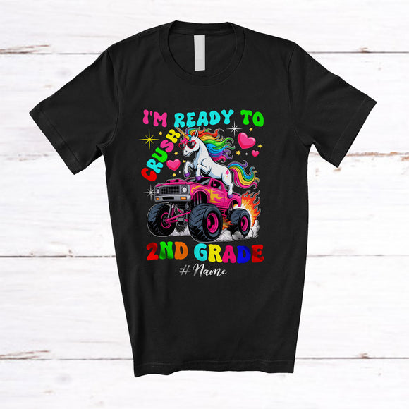 MacnyStore - Personalized Custom Name Ready To Crush 2nd Grade; Joyful Back To School Unicorn On Monster Truck T-Shirt