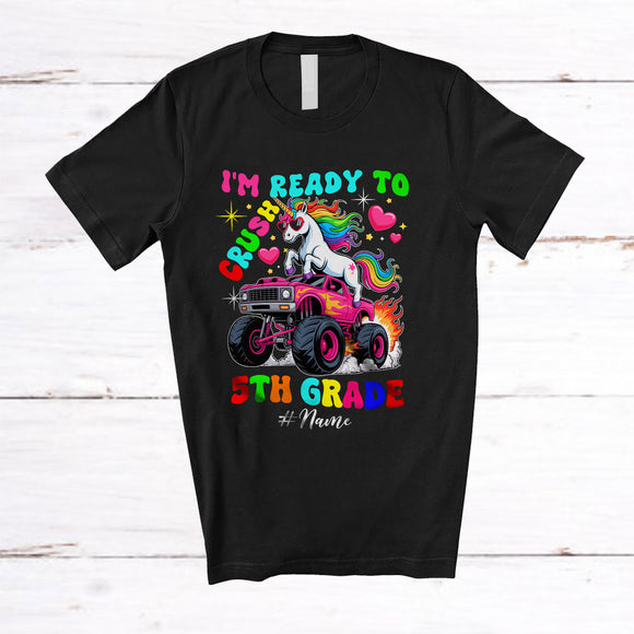 MacnyStore - Personalized Custom Name Ready To Crush 5th Grade; Joyful Back To School Unicorn On Monster Truck T-Shirt