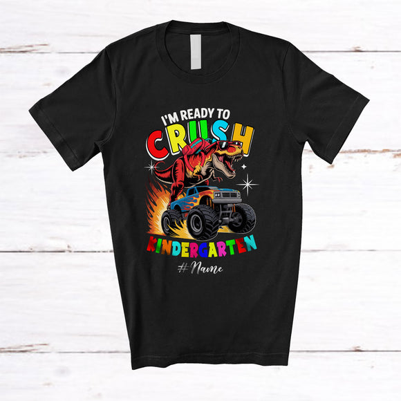 MacnyStore - Personalized Custom Name Ready To Crush Kindergarten; Joyful Back To School T-Rex On Monster Truck T-Shirt
