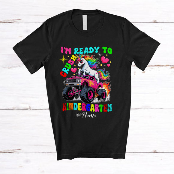 MacnyStore - Personalized Custom Name Ready To Crush Kindergarten; Joyful Back To School Unicorn On Monster Truck T-Shirt