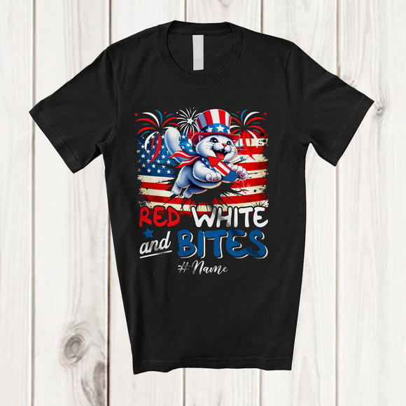MacnyStore - Personalized Custom Name Red White And Bites; Lovely 4th Of July US Flag Cat Owner; Patriotic T-Shirt