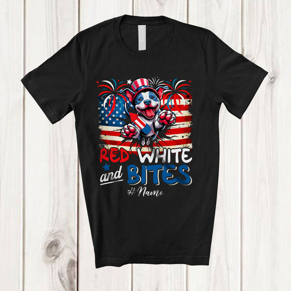 MacnyStore - Personalized Custom Name Red White And Bites; Lovely 4th Of July US Flag Pit Bull Owner; Patriotic T-Shirt