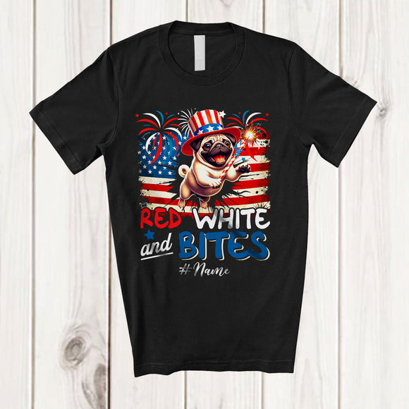 MacnyStore - Personalized Custom Name Red White And Bites; Lovely 4th Of July US Flag Pug Owner; Patriotic T-Shirt
