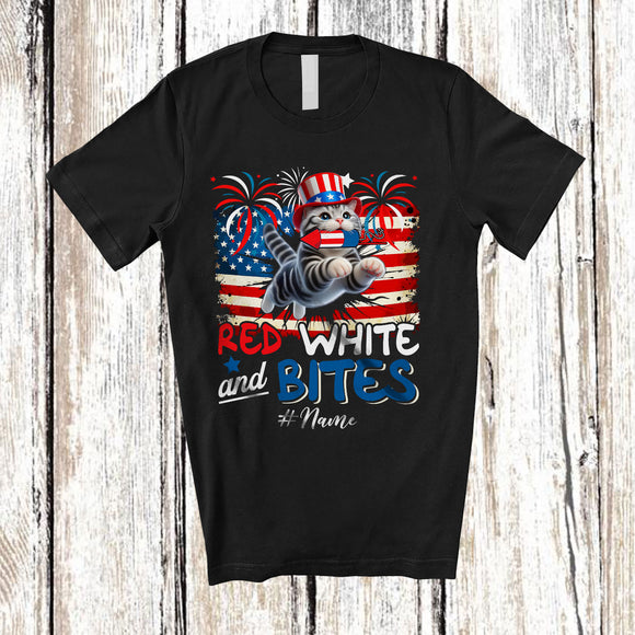MacnyStore - Personalized Custom Name Red White And Bites; Proud 4th Of July American Shorthair Cat; Patriotic T-Shirt