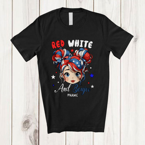 MacnyStore - Personalized Custom Name Red White And Boujee; Lovely 4th Of July Messy Bun Hair Girl Patriotic T-Shirt