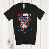 MacnyStore - Personalized Custom Name Red White And Boujee; Lovely 4th Of July Messy Bun Hair Girl Patriotic T-Shirt
