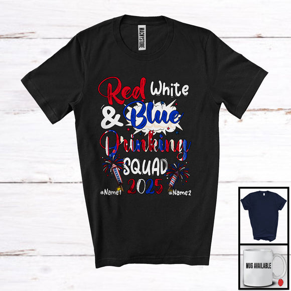 MacnyStore - Personalized Custom Name Red White And Drinking Squad 2025, Proud 4th of July Patriotic Group T-Shirt