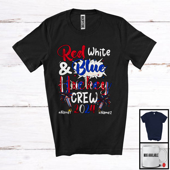 MacnyStore - Personalized Custom Name Red White And Hockey Crew 2024, Proud 4th of July Patriotic Group T-Shirt