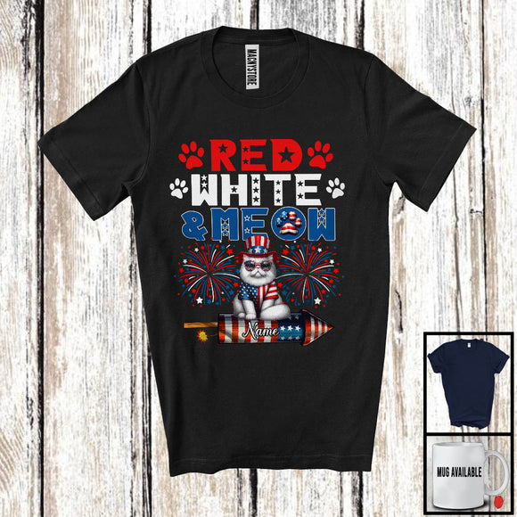 MacnyStore - Personalized Custom Name Red White And Meow, Lovely 4th Of July Cat Paws, Fireworks Patriotic T-Shirt