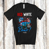 MacnyStore - Personalized Custom Name Red White And Rawr; Amusing 4th Of July US Flag T-Rex Firecracker T-Shirt