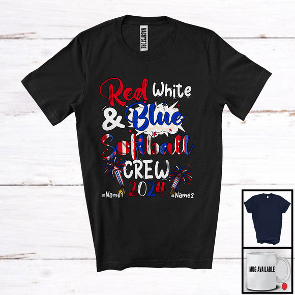 MacnyStore - Personalized Custom Name Red White And Softball Crew 2024, Proud 4th of July Patriotic Group T-Shirt