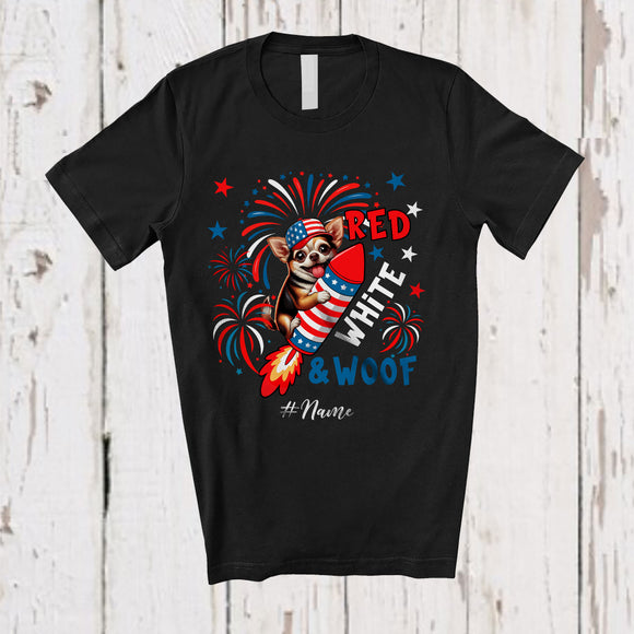 MacnyStore - Personalized Custom Name Red White And Woof; Adorable 4th Of July Chihuahua Firecracker; Patriotic T-Shirt