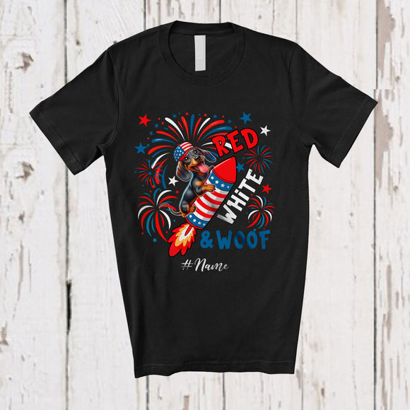 MacnyStore - Personalized Custom Name Red White And Woof; Adorable 4th Of July Dachshund Firecracker; Patriotic T-Shirt