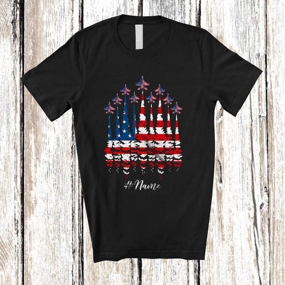 MacnyStore - Personalized Custom Name Red White Blue Airplane; Proud 4th Of July US Flag Patriotic Pilot T-Shirt