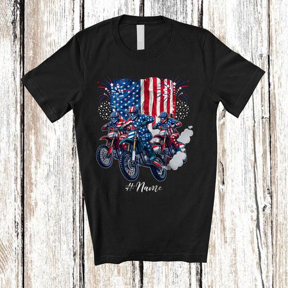 MacnyStore - Personalized Custom Name Red White Blue Dirt Bike; Proud 4th Of July US Flag Patriotic Biker T-Shirt