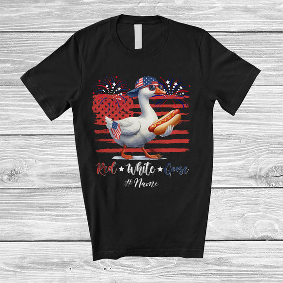 MacnyStore - Personalized Custom Name Red White Goose; Joyful 4th of July Goose Hotdog US Flag; Patriotic T-Shirt