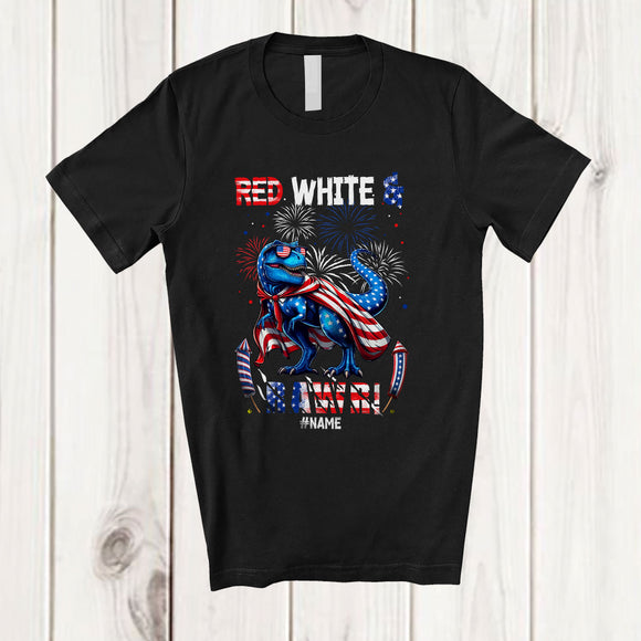 MacnyStore - Personalized Custom Name Red White Rawr; Humorous 4th Of July US Flag T-Rex Fireworks; Patriotic T-Shirt
