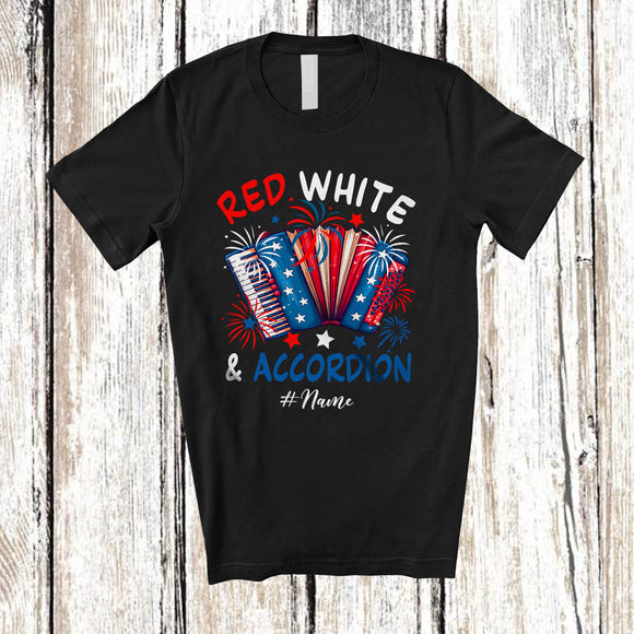 MacnyStore - Personalized Custom Name Red White & Accordion; Joyful 4th of July American Flag Patriotic T-Shirt
