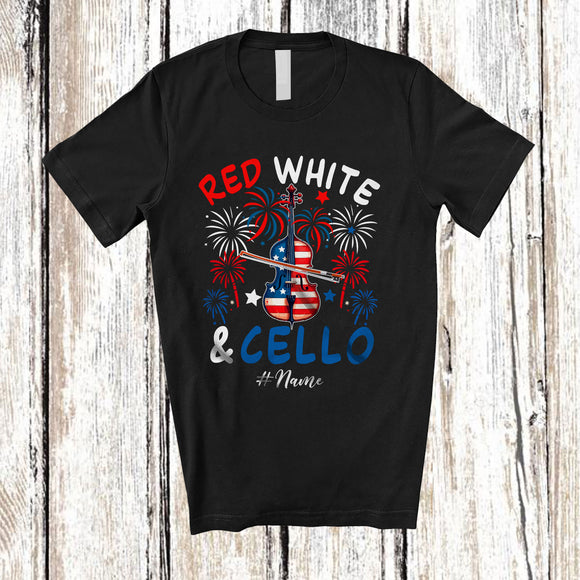 MacnyStore - Personalized Custom Name Red White & Cello; Joyful 4th of July American Flag Patriotic T-Shirt