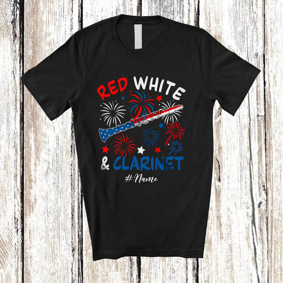 MacnyStore - Personalized Custom Name Red White & Clarinet; Joyful 4th of July American Flag Patriotic T-Shirt