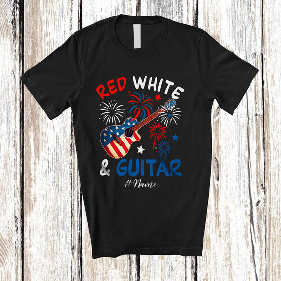 MacnyStore - Personalized Custom Name Red White & Guitar; Joyful 4th of July American Flag Patriotic T-Shirt