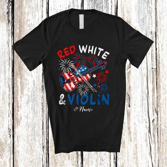 MacnyStore - Personalized Custom Name Red White & Violin; Joyful 4th of July American Flag Patriotic T-Shirt