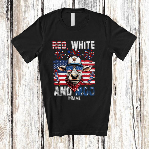 MacnyStore - Personalized Custom Name Red White and Moo; Wonderful 4th Of July Cow US Flag; Farmer Patriotic T-Shirt
