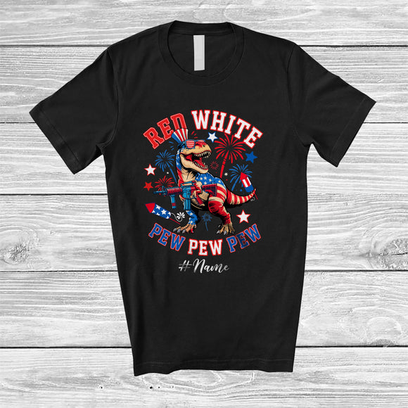 MacnyStore - Personalized Custom Name Red White and Pew; Happy 4th Of July T-Rex Fireworks; Patriotic T-Shirt