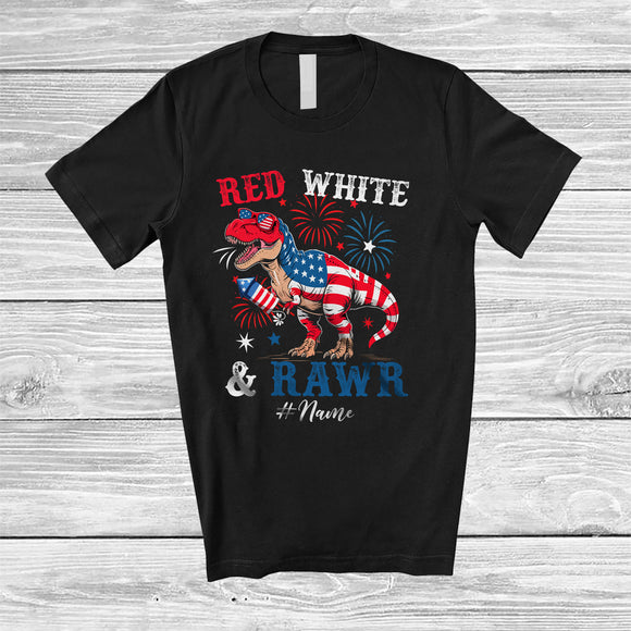 MacnyStore - Personalized Custom Name Red White and Rawr; Humorous 4th of July T-Rex Firecracker; Patriotic T-Shirt