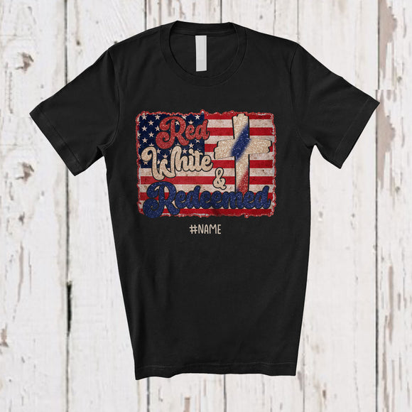 MacnyStore - Personalized Custom Name Red White and Redeemed; Humorous 4th of July Jesus US Flag Patriotic T-Shirt