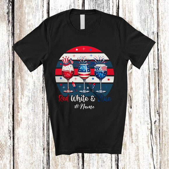 MacnyStore - Personalized Custom Name Red Wine Blue; Amazing 4th of July Three Wine Glasses; Retro Drinking T-Shirt